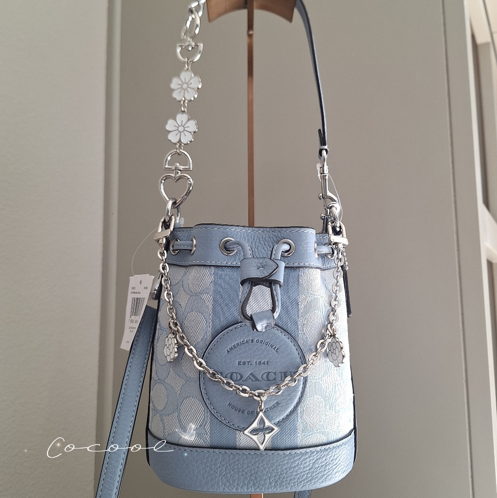 Nwt Coach Mini Dempsey Signature Jacquard With Stripe And Patch Bucket Bag Blue